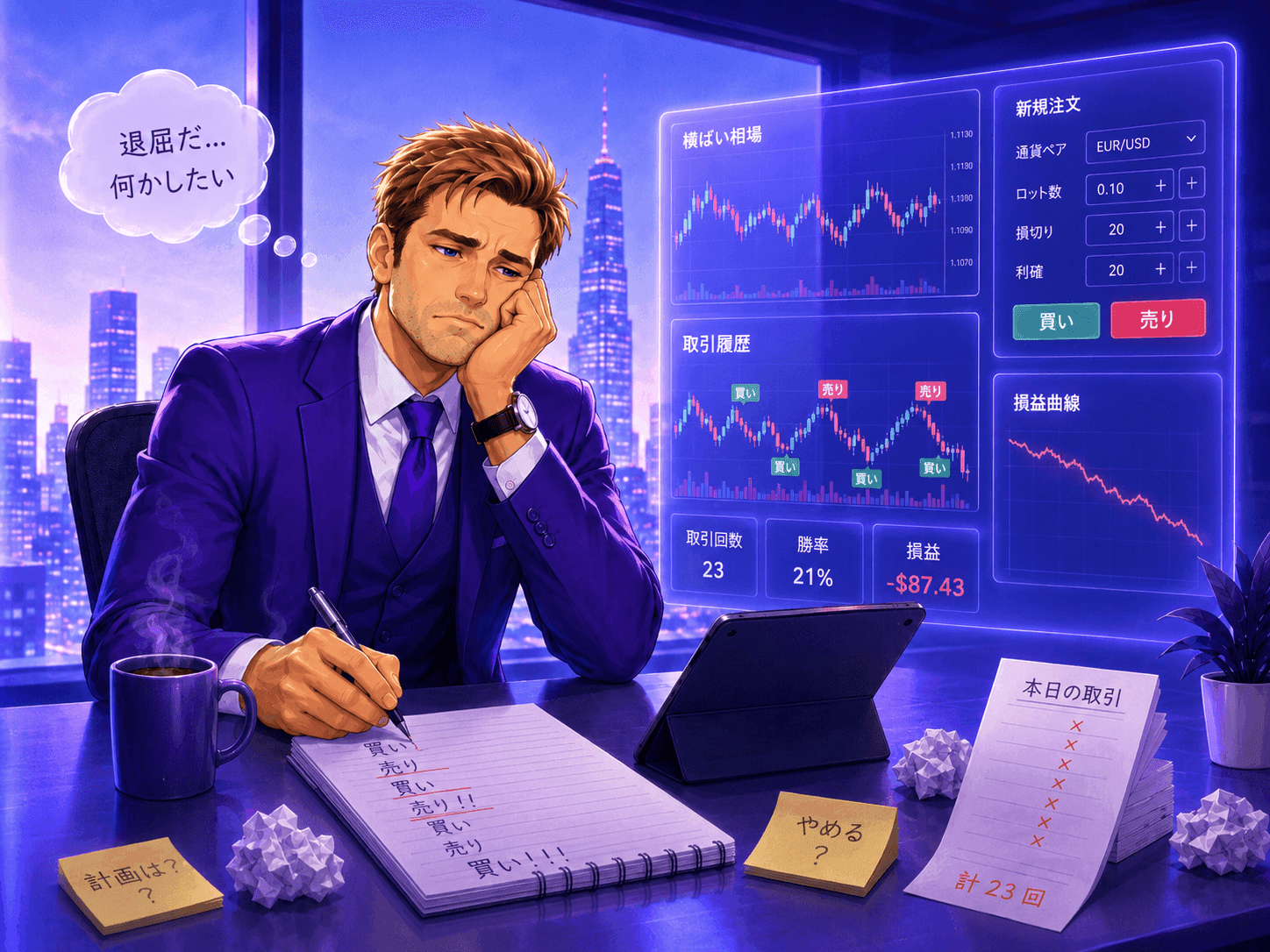 退屈さからオーバートレードしてしまうトレーダーのイメージ